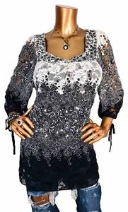 Dressbarn 1X Plus Top Stretch NWT $39 Black White Lace Shell Lined Tunic Blouse - Picture 1 of 11