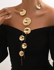 Long Gold Necklace Large Chunky Statement Bold Big Sweater Contemporary Necklace - Picture 1 of 5