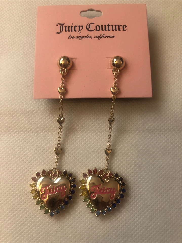 Pendientes colgantes Juicy Couture tono dorado corazón en cadena con detalles de cristal nuevos con etiquetas Foto 1 de 4