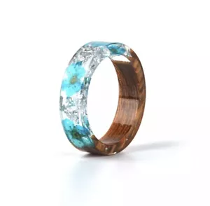 Women's Blue Flowers and Ice Handmade Wood Resin Ring 0264 - Picture 1 of 1