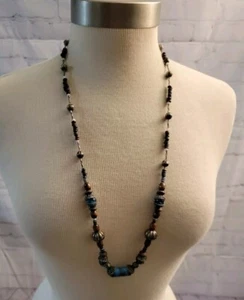 Hand Crafted Beaded Necklace Silvertone Beaded Blue Glass Wooden Brown Beads 30" - Picture 1 of 6