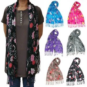 100% Rayon Flower Scarves Scarf for Women Girls with Tassel - Picture 1 of 16