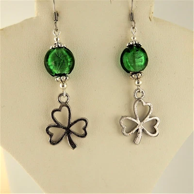 Irish Pewter Shamrock earrings w/ green foil lined glass beads, Celtic - Image 1 of 3
