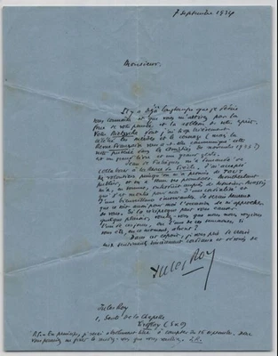 Jules Roy, Signed Autograph Letter Mentioned Nietzsche, Montherlant, Etc. 1934 - Image 1 of 4