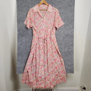 Anokhi Dress Womens Size 14 Pink Floral Midi Belted Hippie Boho Cotton - Picture 1 of 8