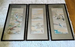 3 Large Framed Matted Silk/Cloth Art Vintage Asian Landscapes Women each 38"x19" - Picture 1 of 19