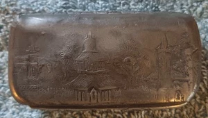 Antique Snuff Box Of Hallmarked Pewter With Japanese Pagoda Decoration. - Picture 1 of 6