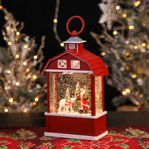 Christmas Snow Globe Lighted Santa Near Barn Water Barn Shaped Lantern Lighted - Picture 1 of 4