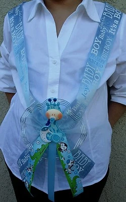 1Baby Shower MOM TO BE SASH,BLUE/BOY, Ribbon Favor,Handmade, Party,MommyCorsage - Image 1 of 4