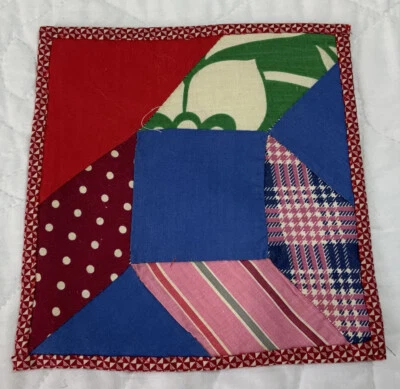 Vintage Patchwork Small Quilt Table Topper, Square, Diamonds, Royal Blue, Red - Image 1 of 4