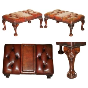 PAIR OF RESTORED CLAW & BALL VINTAGE HAND DYED LEATHER CHESTERFIELD FOOTSTOOLS - Picture 1 of 19