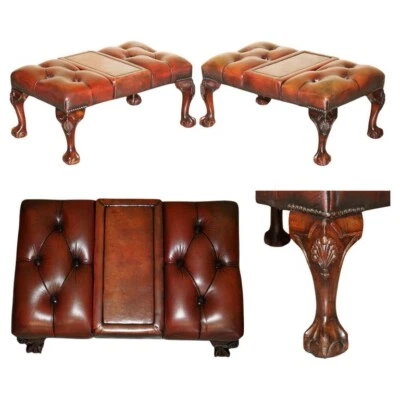 PAIR OF RESTORED CLAW & BALL VINTAGE HAND DYED LEATHER CHESTERFIELD FOOTSTOOLS - Image 1 of 4
