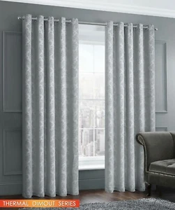 Par de cortinas de damasco con ojales/anillos tejidos térmicos gris plateado - Imagen 1 de 21