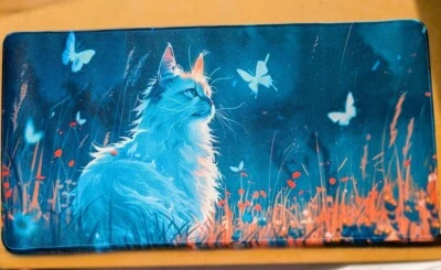 XL Gaming Mouse Pad Desk Mat 60x30cm – Cat & Glowing Blue Butterflies – New C4 - Image 1 of 4