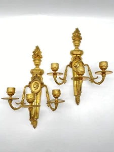 2X PALMETTEN WAND KERZENHALTER AUS MESSING VERGOLDET 3 FLAMMEN 19. JHR ANTIK - Bild 1 von 10