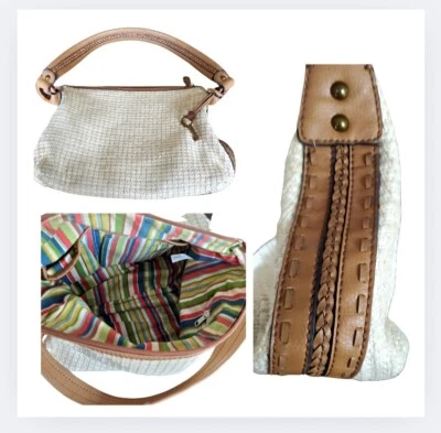 Bolso de Hombro Cartera Fossil Key Beige Tejido Tela Marrón Cuero Correa Borde Foto 1 de 4