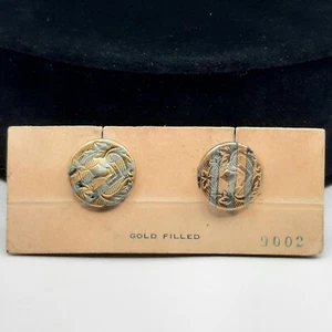 Art Deco Gold-Filled Cufflinks Original Card Striped Embossed Crest Bridge Style - Picture 1 of 6