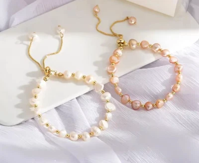 Echtes  Perlenarmband 14 K. vergoldetes  Perlen Armband Barock-Süßwasserperlen - Bild 1 von 4