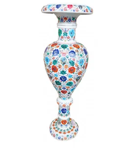 Fioriera da tavolo decorativa 21" lusso marmo bianco intarsiato floreale multi pietra arte - Foto 1 di 5
