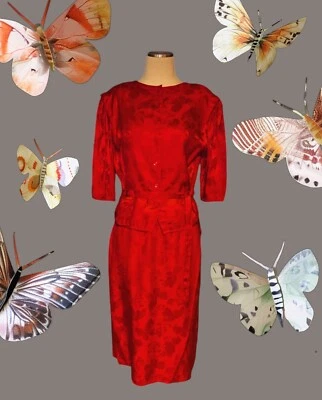 ARGENTI 100% Silk BUTTERFLY Red Suit Blouse Skirt Set 2pc Women's 10 PETITE VTG - Image 1 of 4