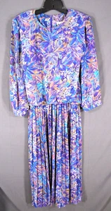 VTG REO ORIGINALS Blouson Dress PURPLE/MULTICOLOR Floral PLEATED SKIRT sz 14 - Picture 1 of 5