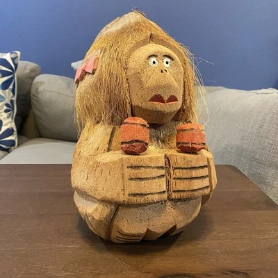 10” Hawaiian Coconut Shell Maraca Woman Musician Tiki Bar Luau Party - Image 1 of 4