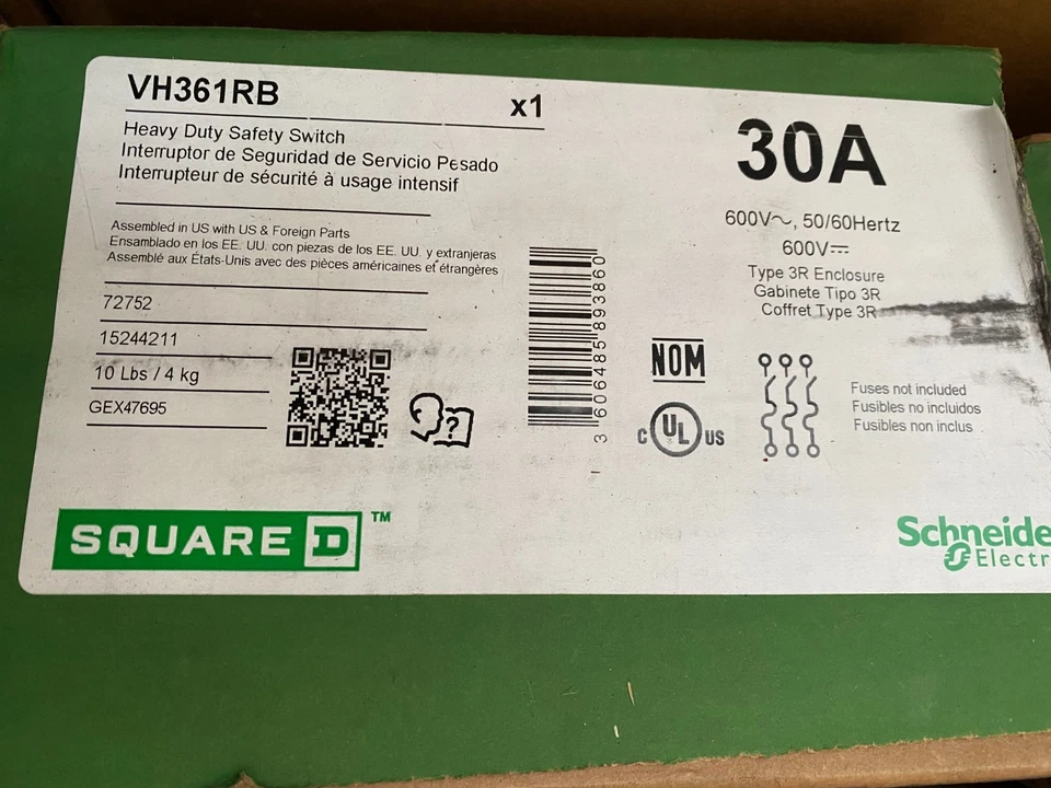 VH361RB Square D 断开开关 可熔 30A 600V 3R — 第 1/1 张图片