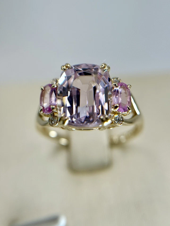 Новое без ценников помолвочное кольцо из золота 14 карат с кунцитом и розовым сапфиром/подлинными бриллиантами 5,19 карата 7 - Изображение 1 из 4