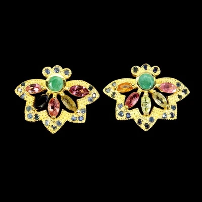 925 Sterling Silver Earrings Marquise Tourmaline Emerald Sapphire Gemstone - Image 1 of 4