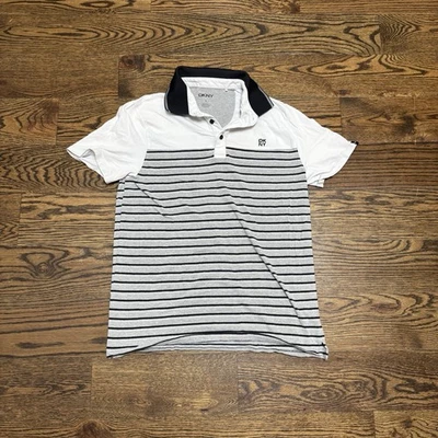 DKNY Men’s Medium Black Gray White Striped Polo Shirt Sleeve Shirt - Image 1 of 4