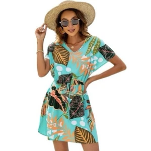Bluetime Women Swim Cover-Up Size S V-Neck Mini Beach Dress Floral Teal Blue NWT - Picture 1 of 6