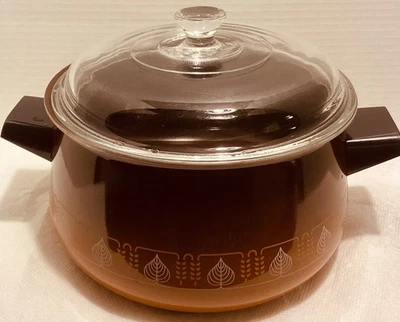 Vintage Corning Pyrex Brown Enamel Dutch Oven W/Glass Lid-Wheat Sheaf Pattern - Image 1 of 4