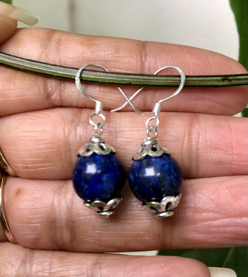 Orecchini in argento sterling 925 + perline rnd 10 mm originali lapislazzuli ... - Immagine 1 di 3