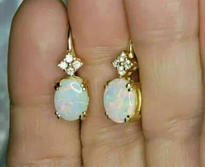 2.50Ct Oval Cut Natural Fire Opal 14k Yellow Gold Plated 925 Dangle Earrings - Picture 1 of 4