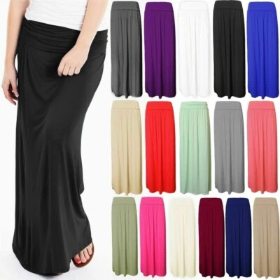 Womens Fold Over Gypsy Skirt Ladies Pleated High Waist Long Jersey Casual Maxi - Image 1 of 4