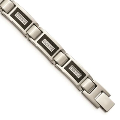 Stainless Steel Brushed & Polished w/CZ Black Carbon Fiber Inlay Bracelet - Image 1 of 4