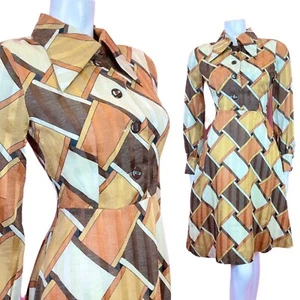 VINTAGE 60s 70s BROWN CREAM GOLD GEOMETRIC WEAVE SHEER DAGGER SHIRT DRESS 8 10 - Picture 1 of 7