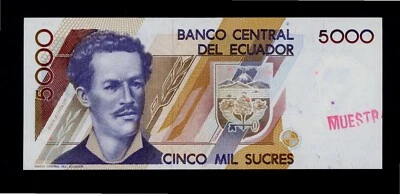 ECUADOR  SPECIMEN 5000 SUCRES  ( MUESTRA RED ) PICK # 126 XF. - Image 1 of 2