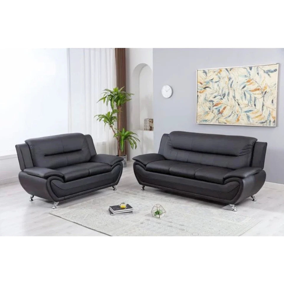 NEW Black Leather Gel 2PC Sofa Set Contemporary Modern Living Room Furniture - Image 1 of 1