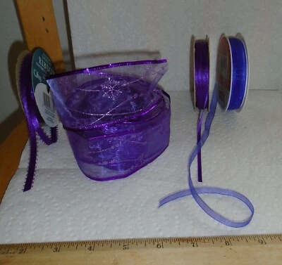 CHRISTMAS HOLLIDAY RIBBON LOT Purple Wired 2"x107"; 3 Assorted Purple Spools - Изображение 1 из 2