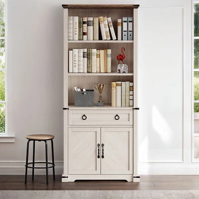 Farmhouse Cabinet Bookcase Bookshelf 2-Drawers Storage Shelves Home Living Room - Image 1 of 4