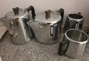 Swan Brand Tea Pot & Hot Water Pot Sugar Bowl & Milk Jug C 1954 Polished Chrome - Picture 1 of 6