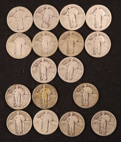 17 Silver Standing Liberty Quarters - 7 Dated + 10 Dateless - Average Circulated Cover