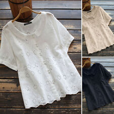 ZANZEA Womens Cotton Linen Summer Shirts Short Sleeve Hollow Out Clubwear Tee AU