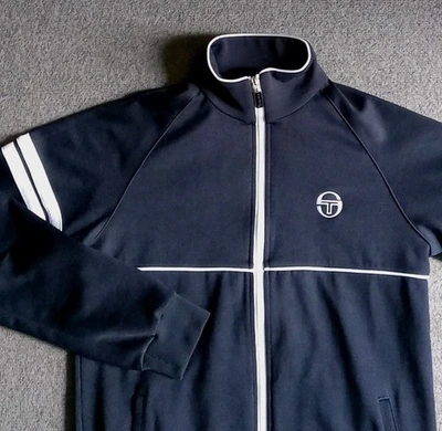 Jaqueta masculina Sergio Tacchini pequena com zíper completo azul e branca - Imagem 1 de 4