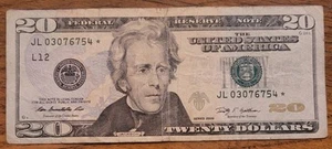 2009 $20 dollar bill star ☆ Note JL 03076754☆ - Picture 1 of 2
