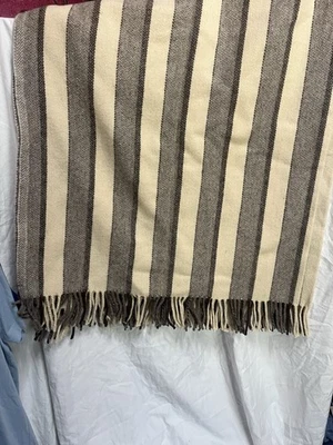 Vintage Ecola Portugal Blanket 53”x 72” Fringe Brown White Striped 100% Wool - Image 1 of 4