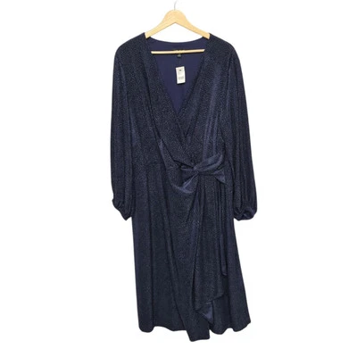 NWT Lane Bryant Navy Blue Velvet Dot Faux Wrap Balloon Sleeve Dress Plus Size 20 - Image 1 of 4