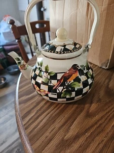 Cafetera de té esmaltada patrón a cuadros con pájaro excelente estado. - Imagen 1 de 5