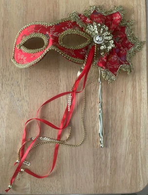 Masquerade Mask w/ Handle Venetian Style/Costume Ball Party RED & Gold FREE GIFT - Image 1 of 4